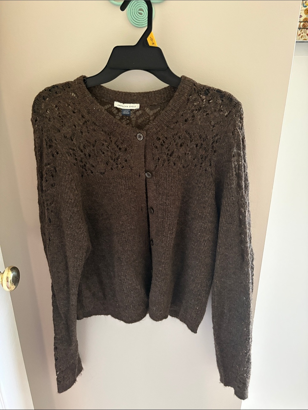 American Eagle Outfitters Dark Brown Openwork Button-Front Cardigan